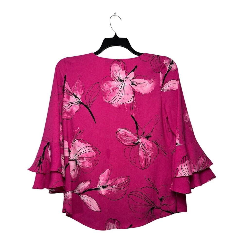 Apt 9 Blouse Top Medium Magenta Pink Floral Ruffle Flounce Sleeve Boho Career - Picture 4 of 8